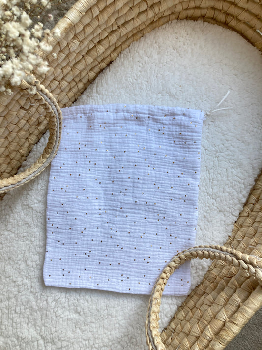 Grand pochon coton blanc à pois doré